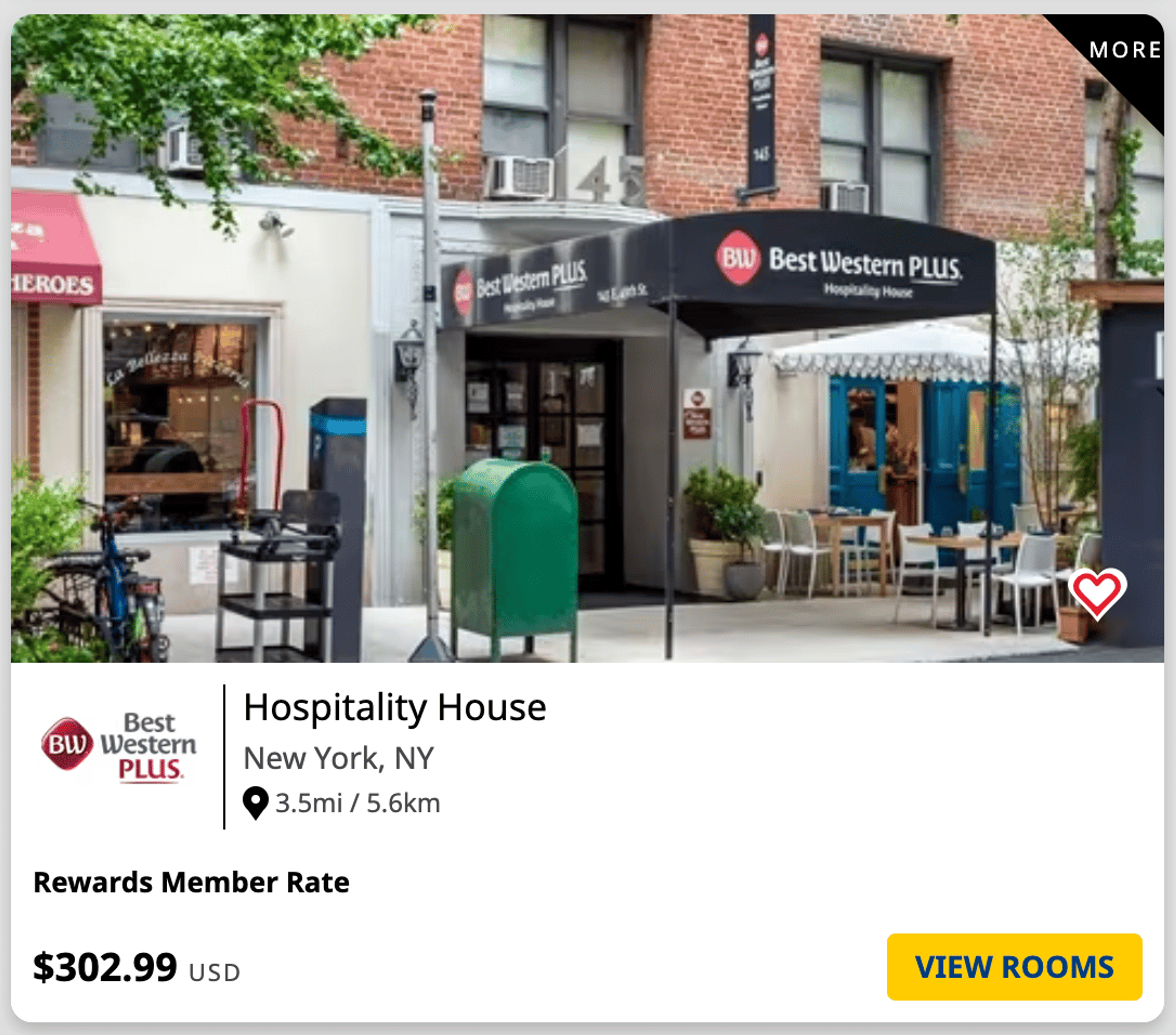 A sample Best Western booking for a property in New York City that costs over $300 per night