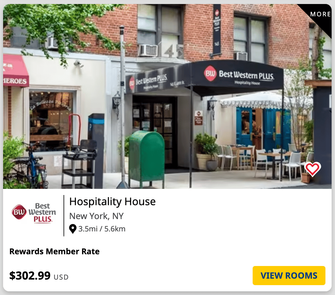 A sample Best Western booking for a property in New York City that costs over $300 per night