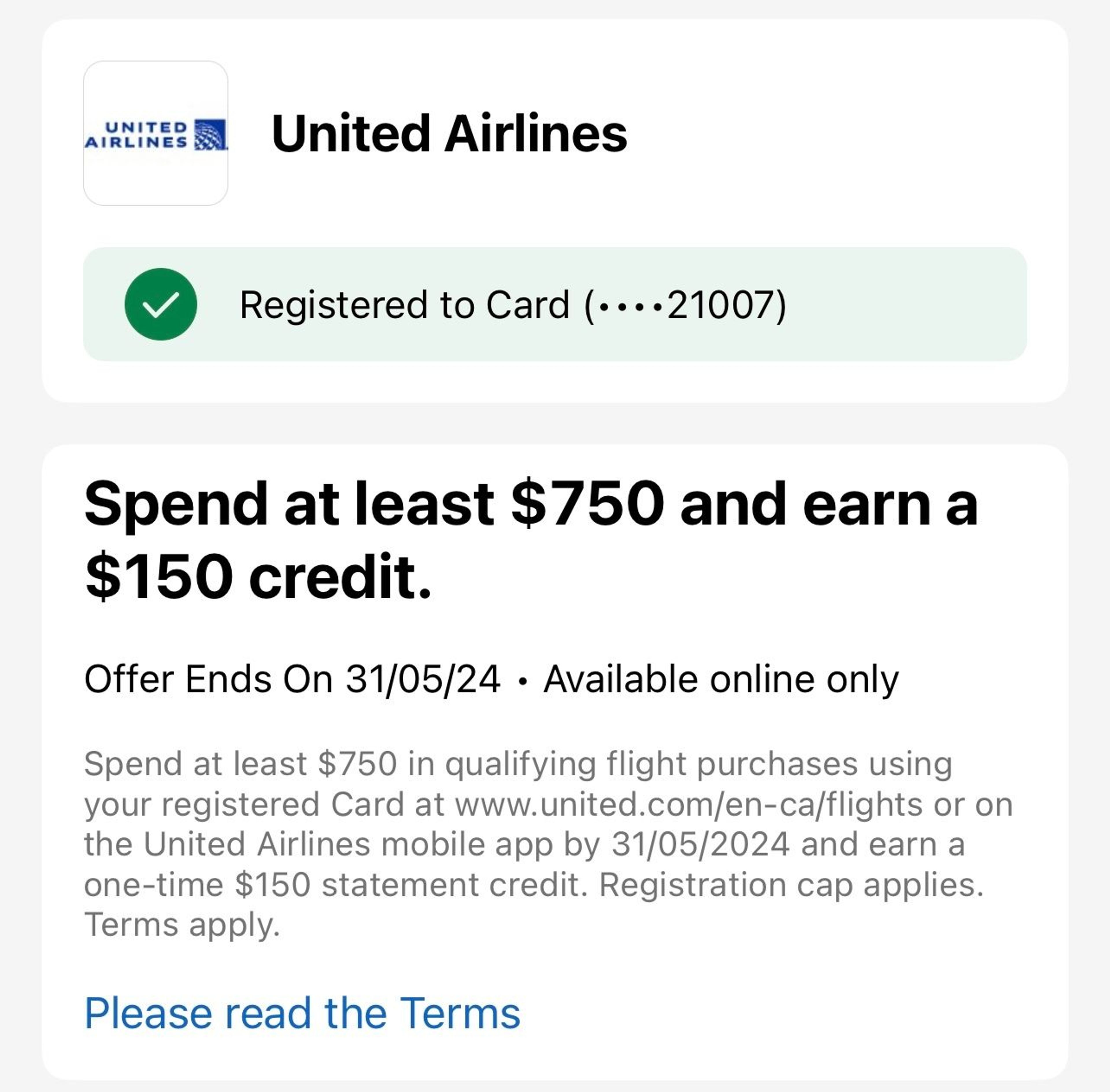 an example of a merchant offer for United airlines