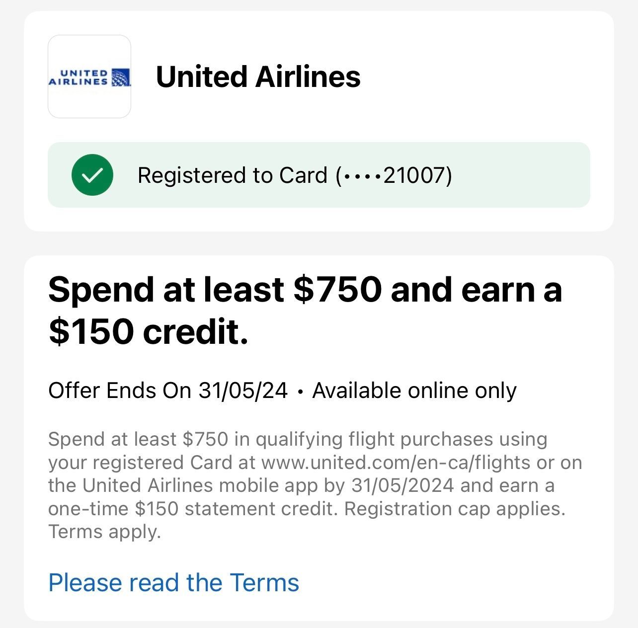 an example of a merchant offer for United airlines