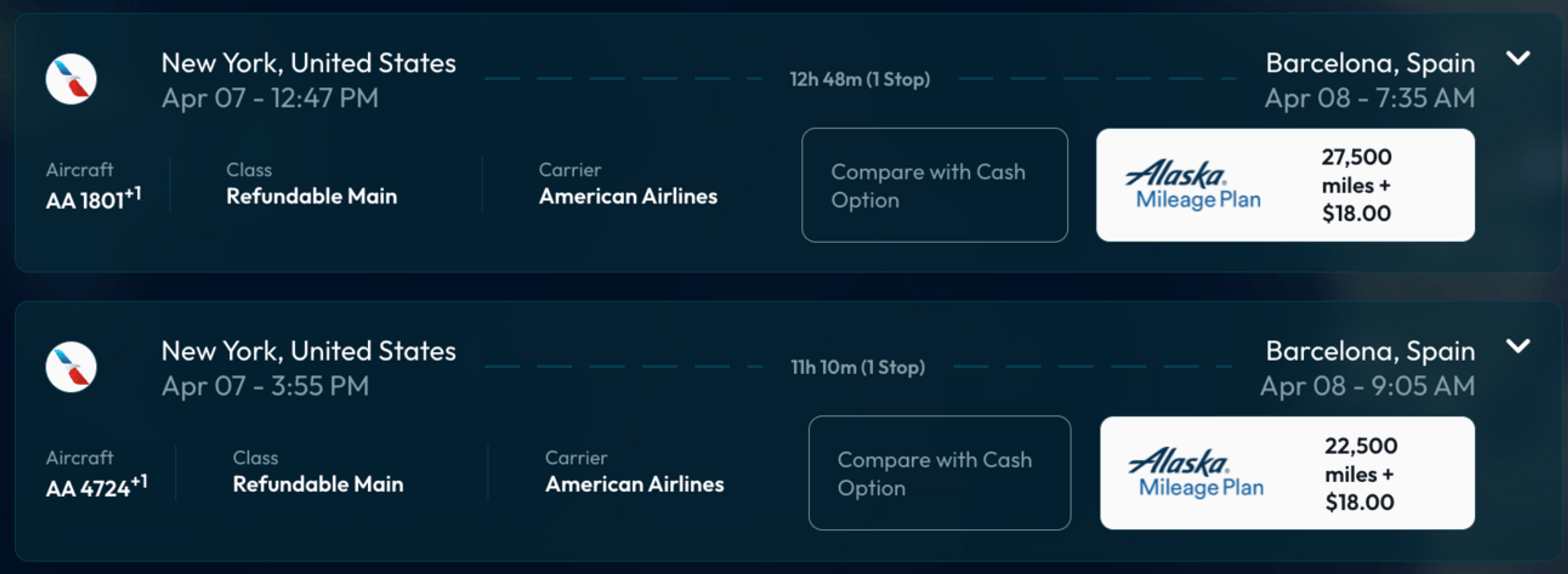 New York to Barcelona for 22,500 Alaska miles