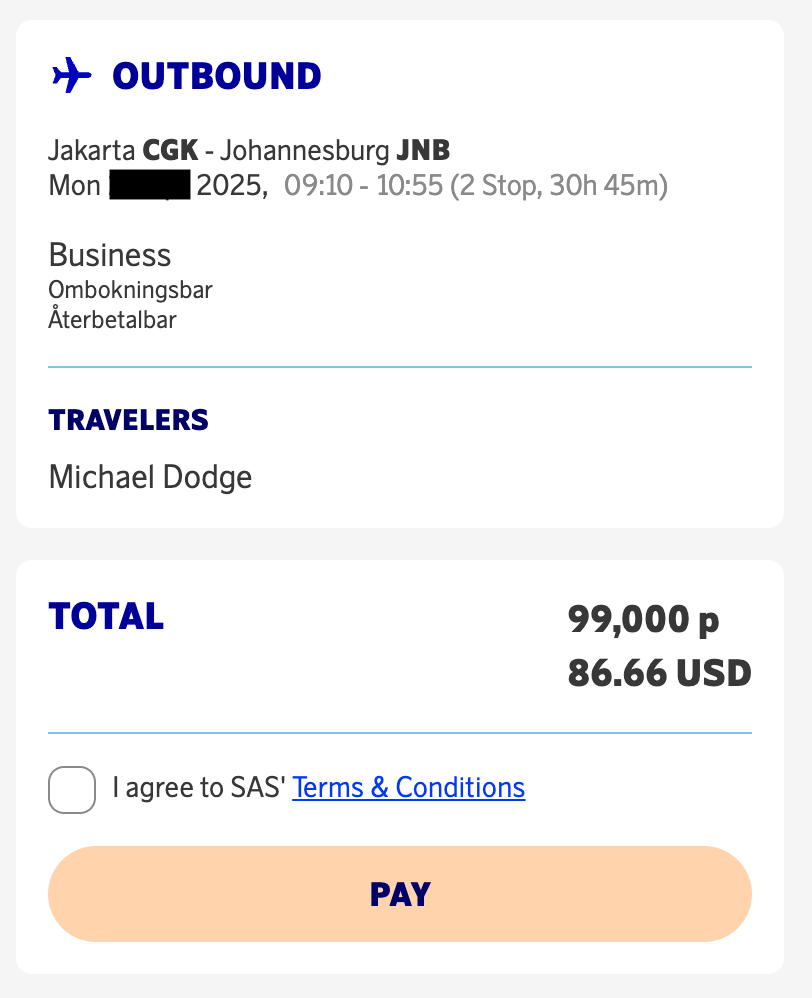 Jakarta to Johannesburg for 99,000 SAS miles