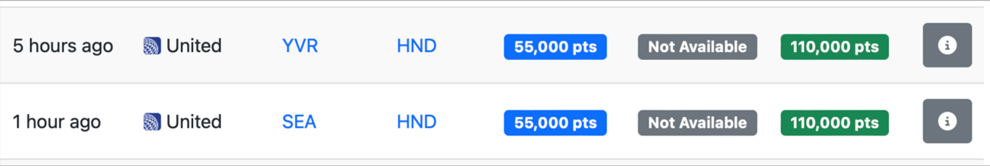 55k points for economy and 110k points for business