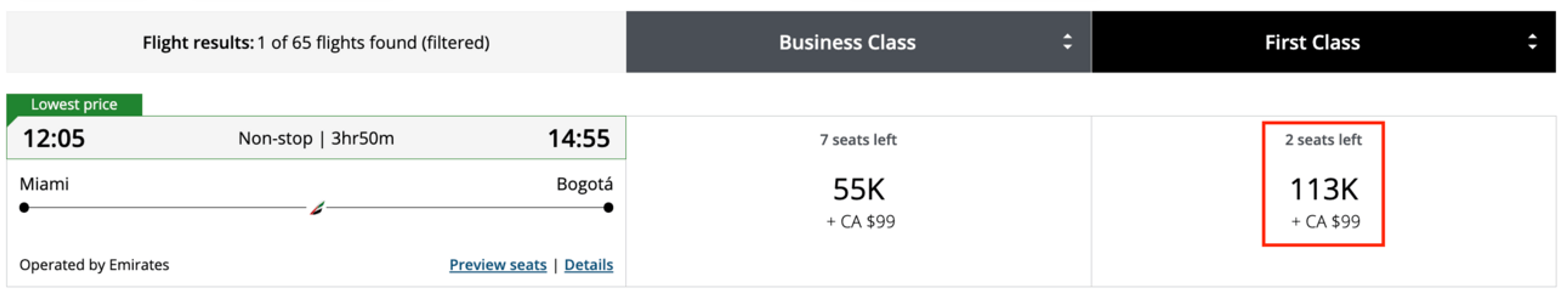 An example of he same flight booked through Aeroplan for almost double the cost.