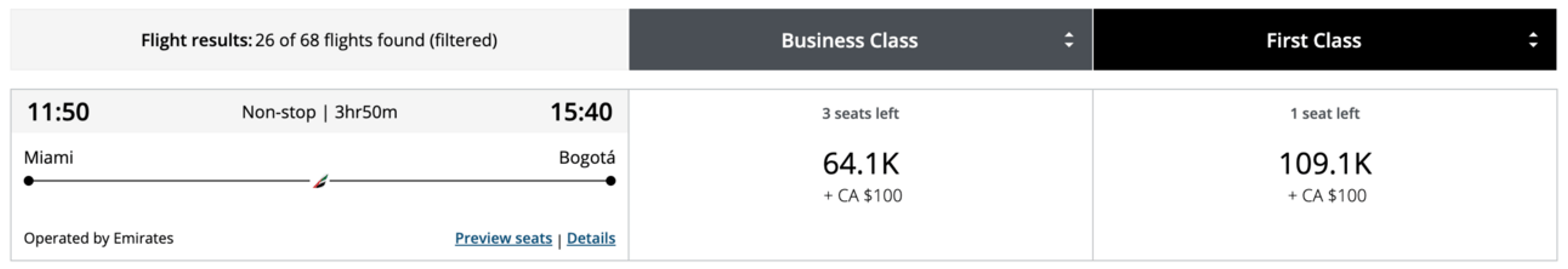 Miami to Bogota on Emirates first class for 109k points
