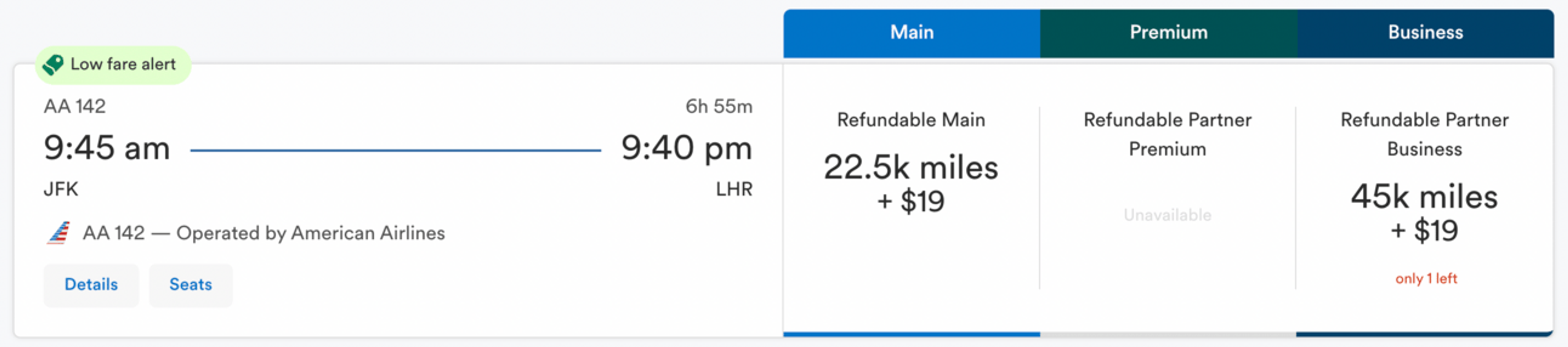 New York to London for 45,000 miles in business class