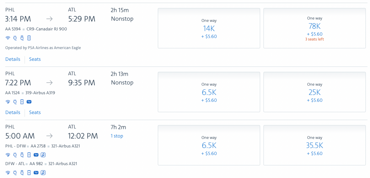 An example of booking PHL-ATL for 6,500 AA miles