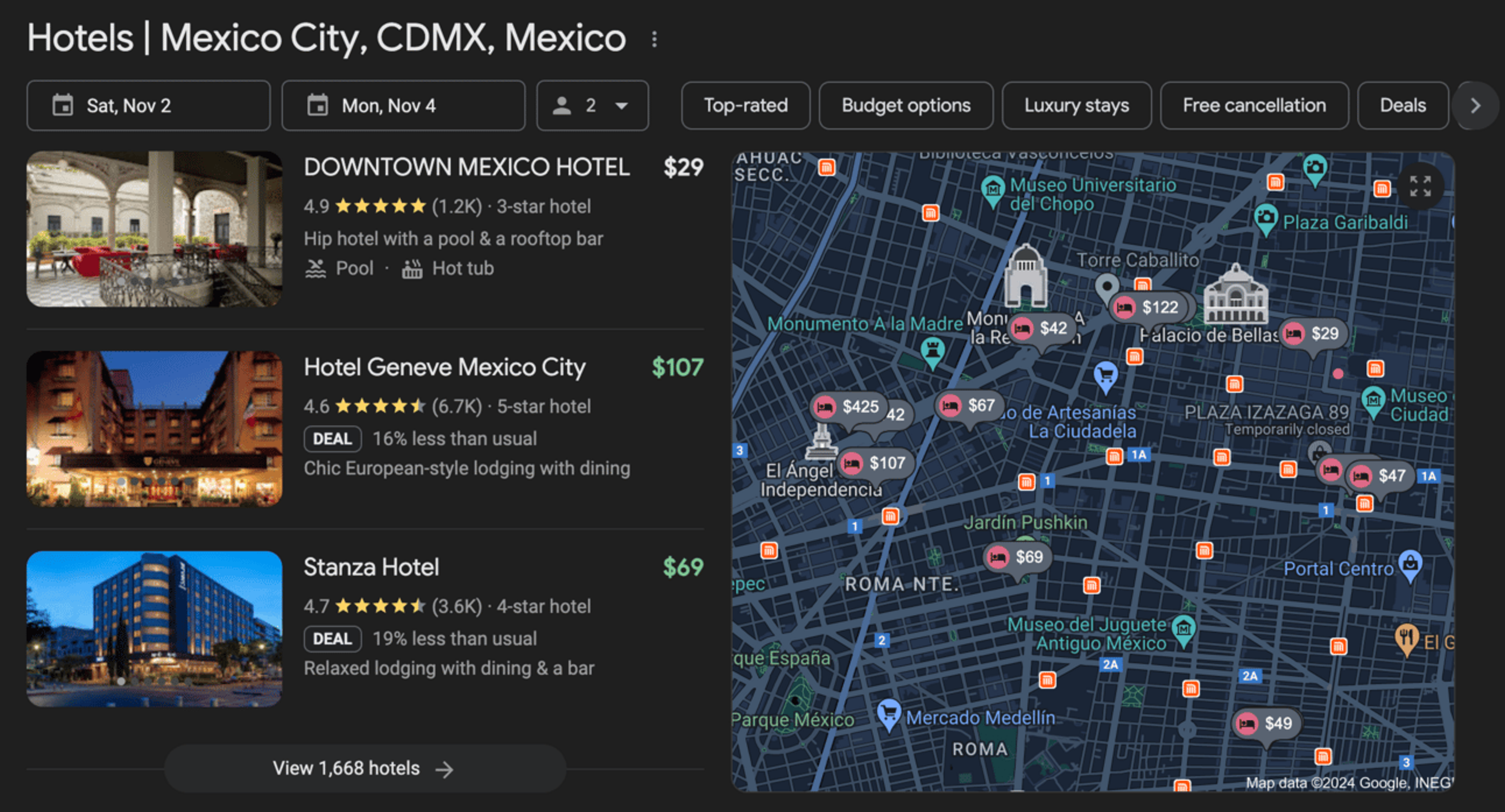 Example of cheap hotels on Google