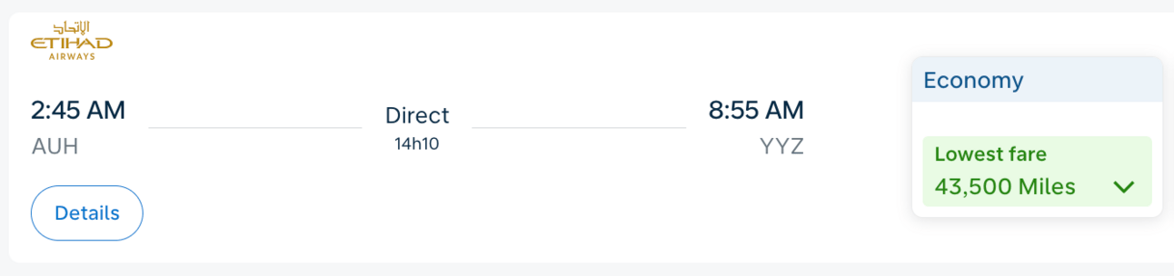 AUH-YYZ on Etihad for 43,500 FB miles
