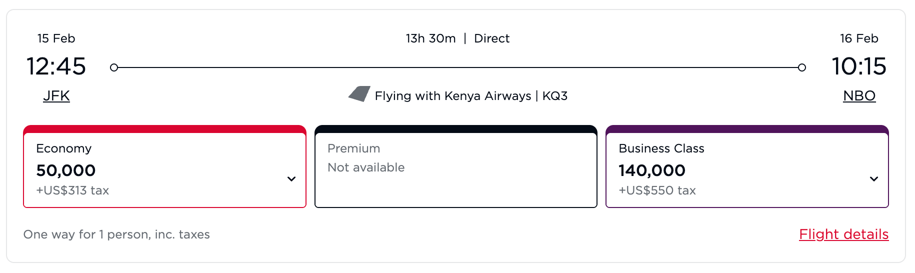 New York to Nairobi on Kenya Airways using Virgin miles