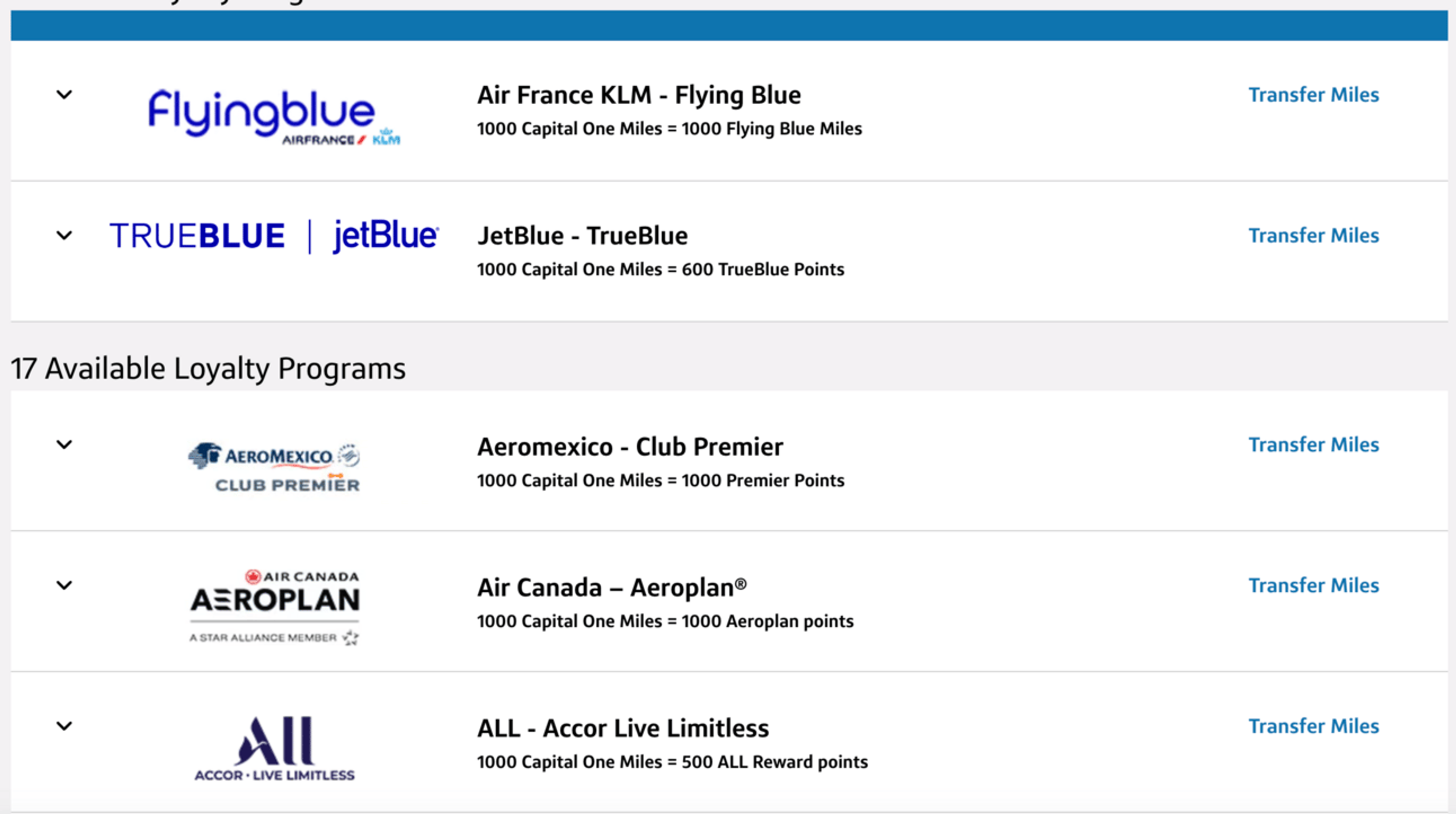 Screenshot showing some of the many transfer partners of Capital One miles