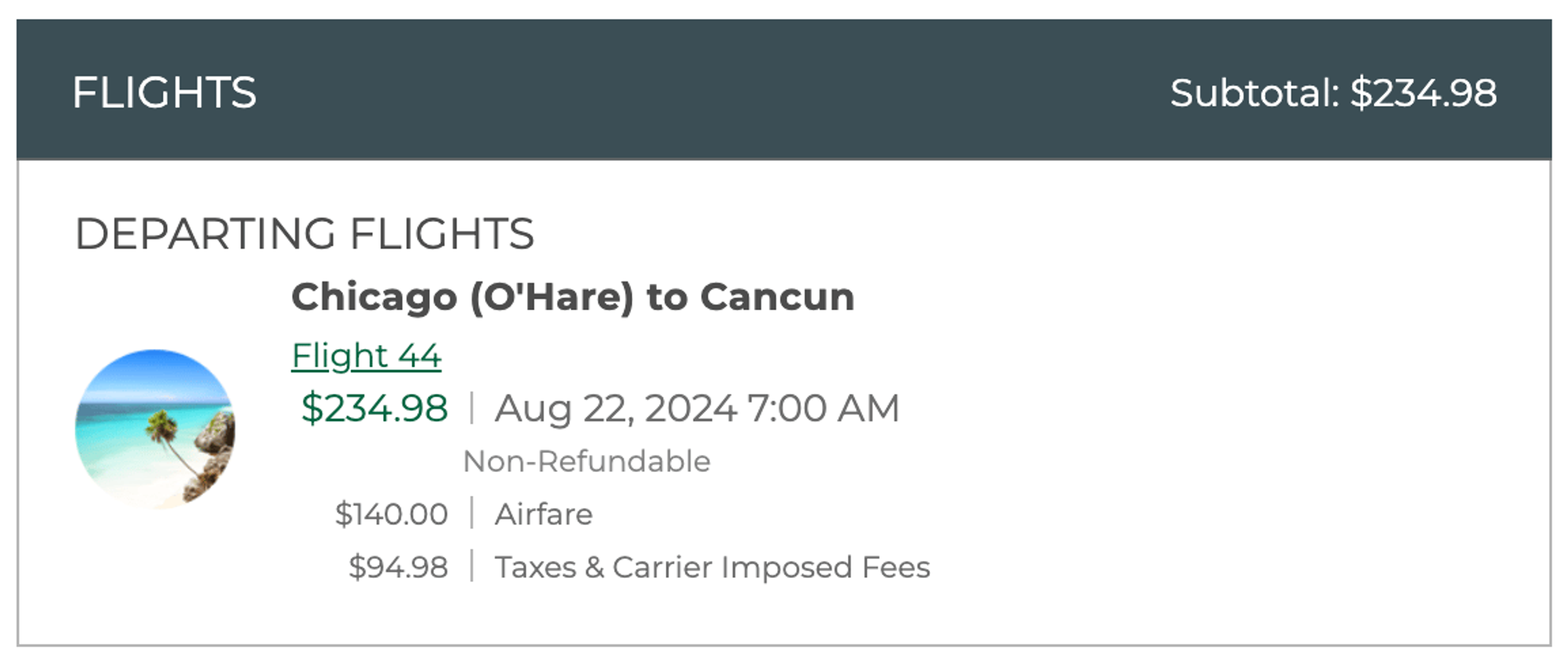 A fare breakdown of an international Frontier flight