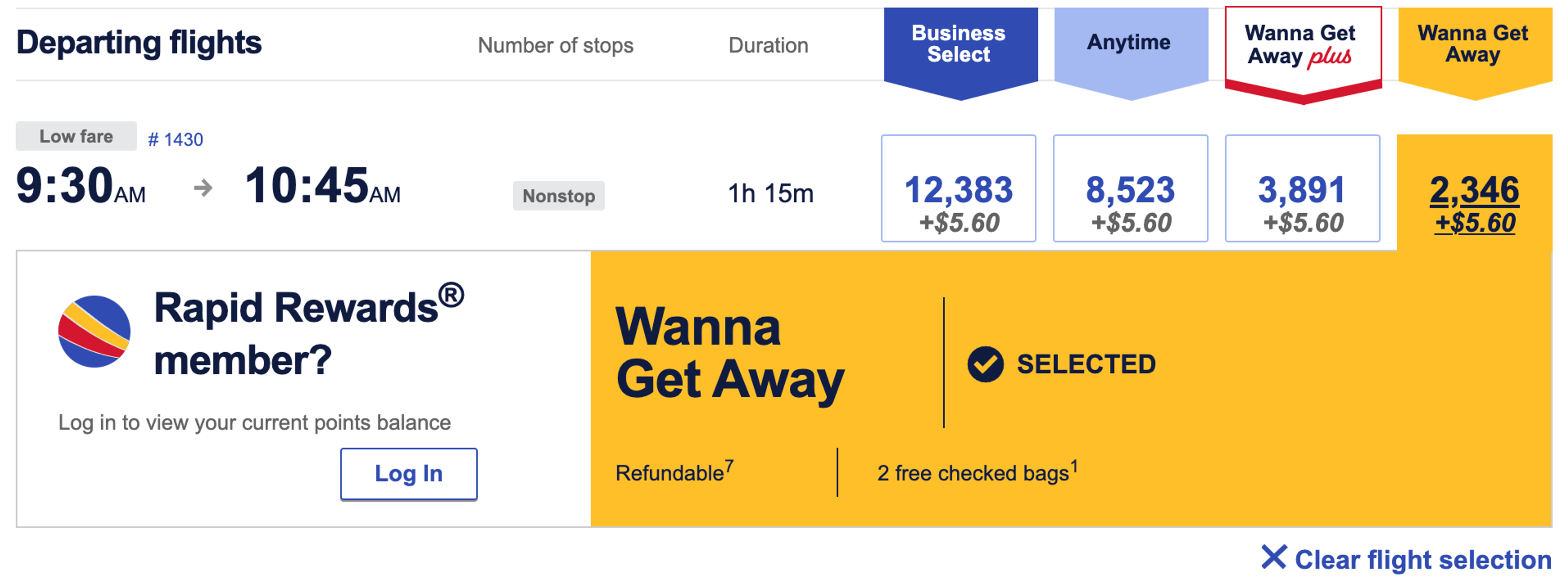 Southwest sample booking