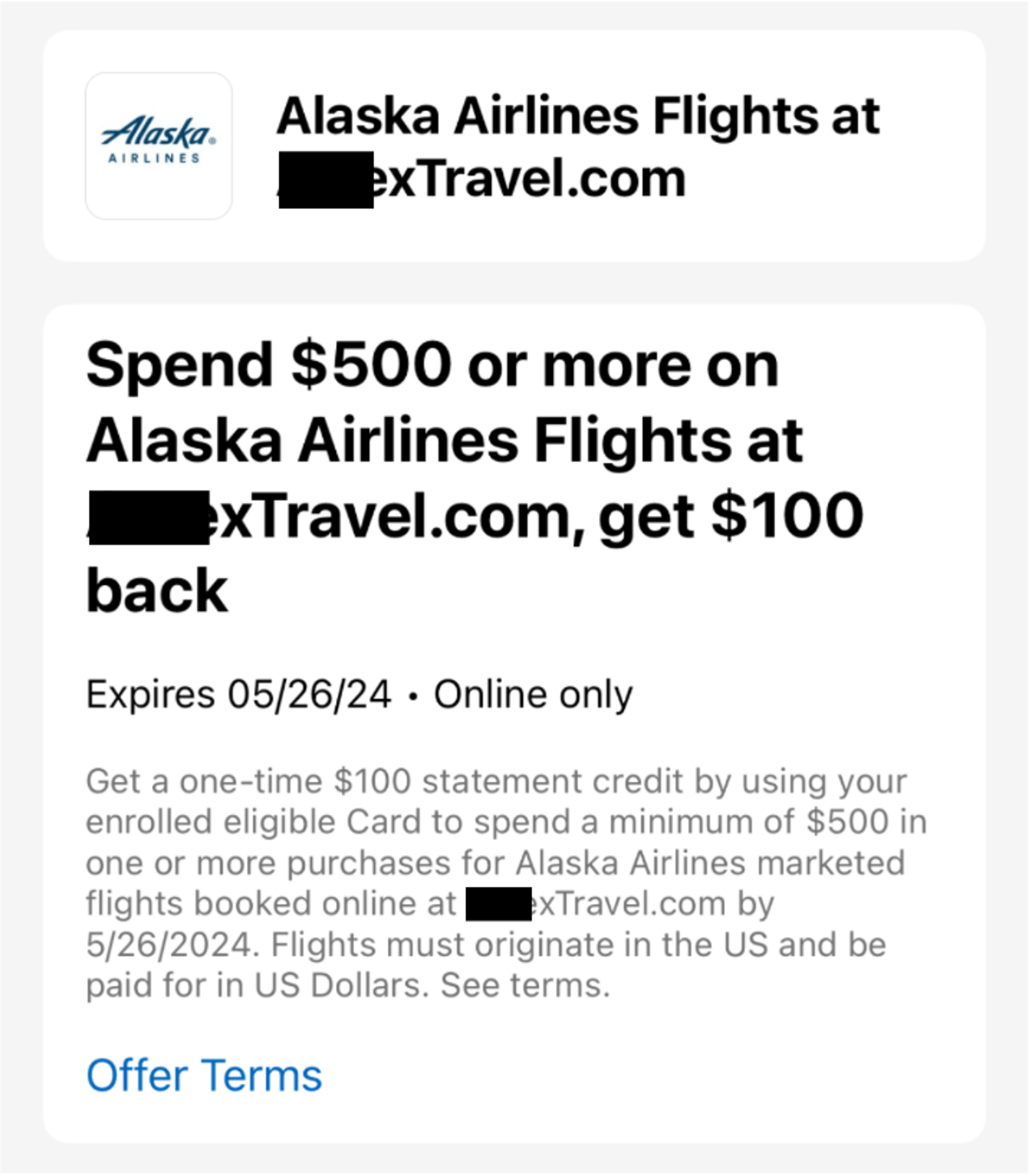 A screenshot of an offer to get $100 back if you spend $500 with Alaska Airlines