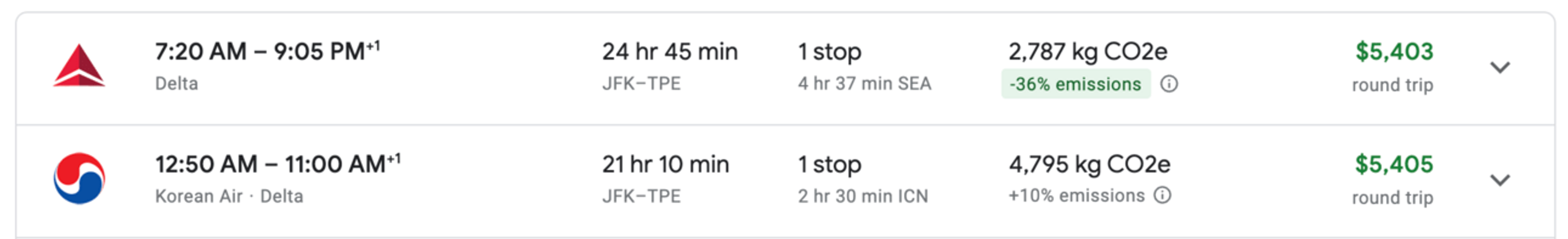 Examples of two SkyTeam flights at similar prices