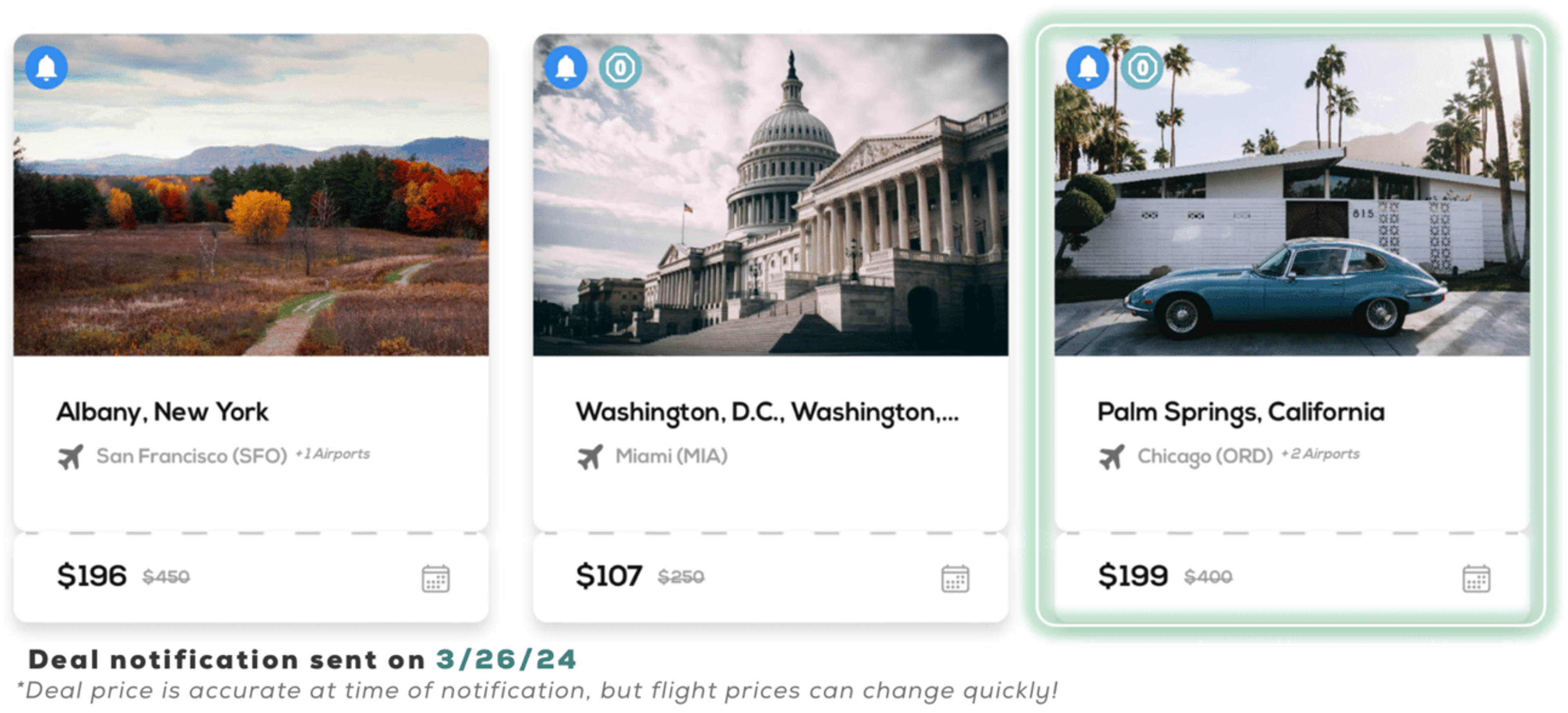 FareDrop screenshot showing three deals with the one to Palm Springs highlighted