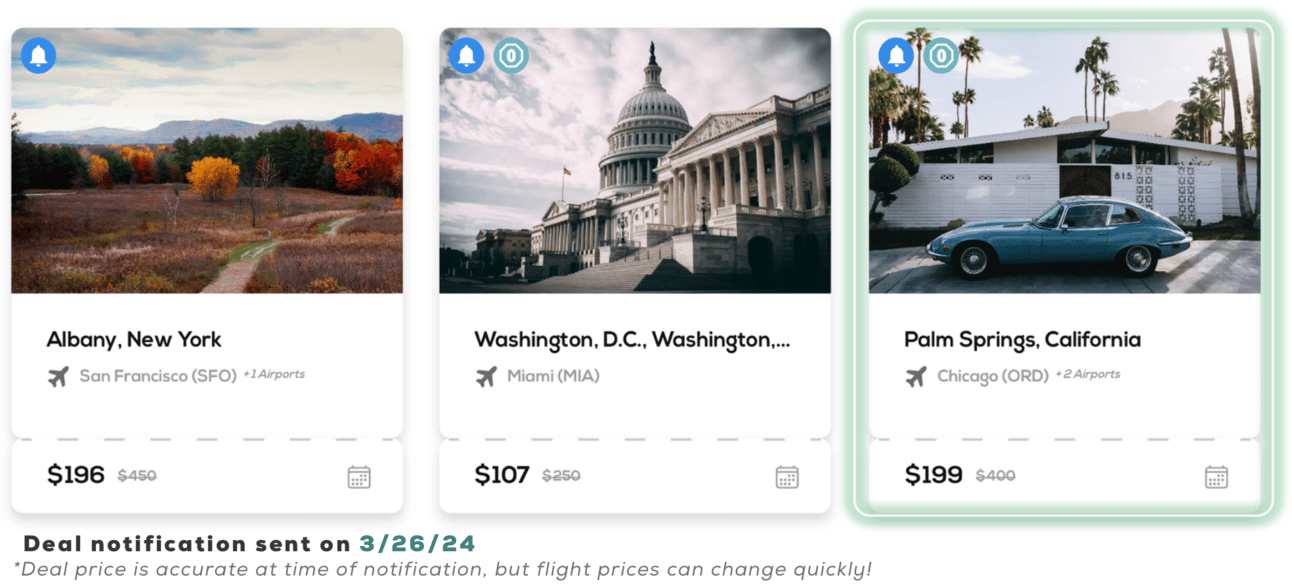 FareDrop screenshot showing three deals with the one to Palm Springs highlighted