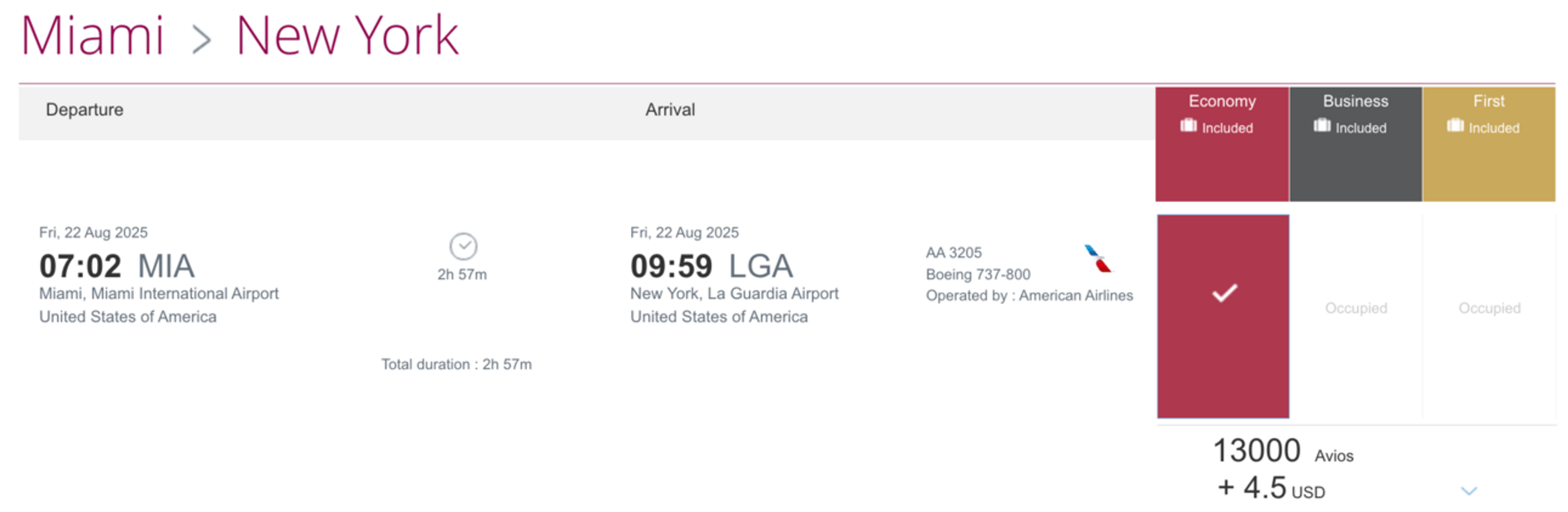 Miami to New York to 13,000 Avios
