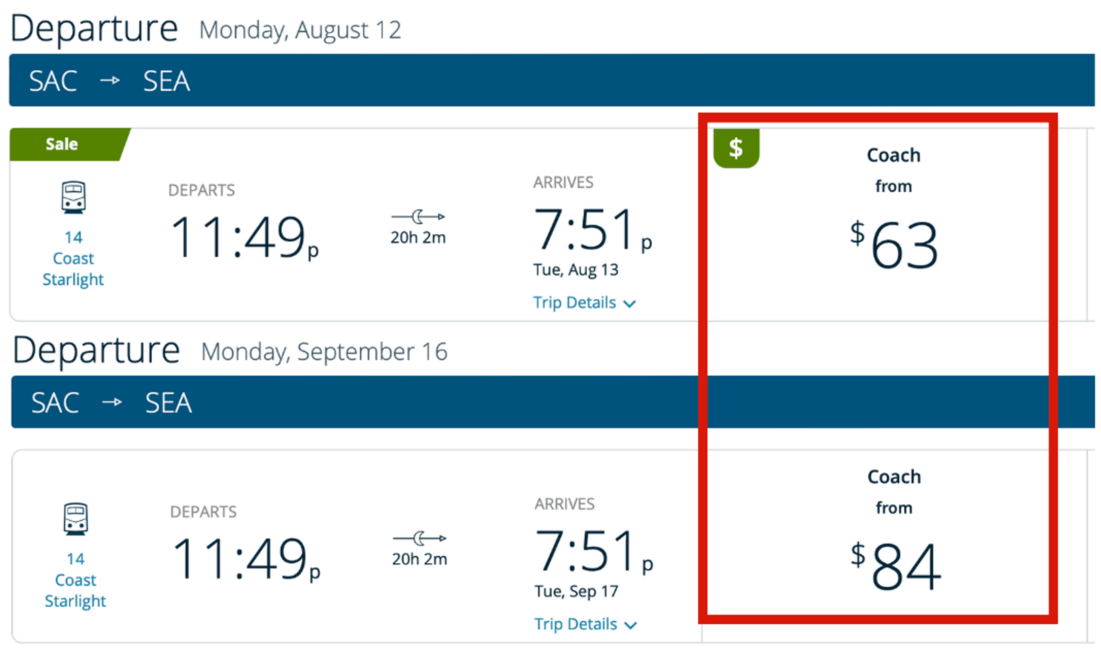 Example booking from Sacramento to Seattle