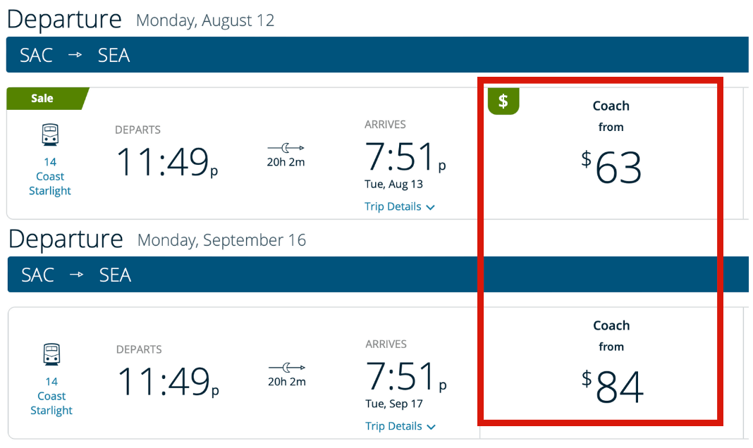 Example booking from Sacramento to Seattle