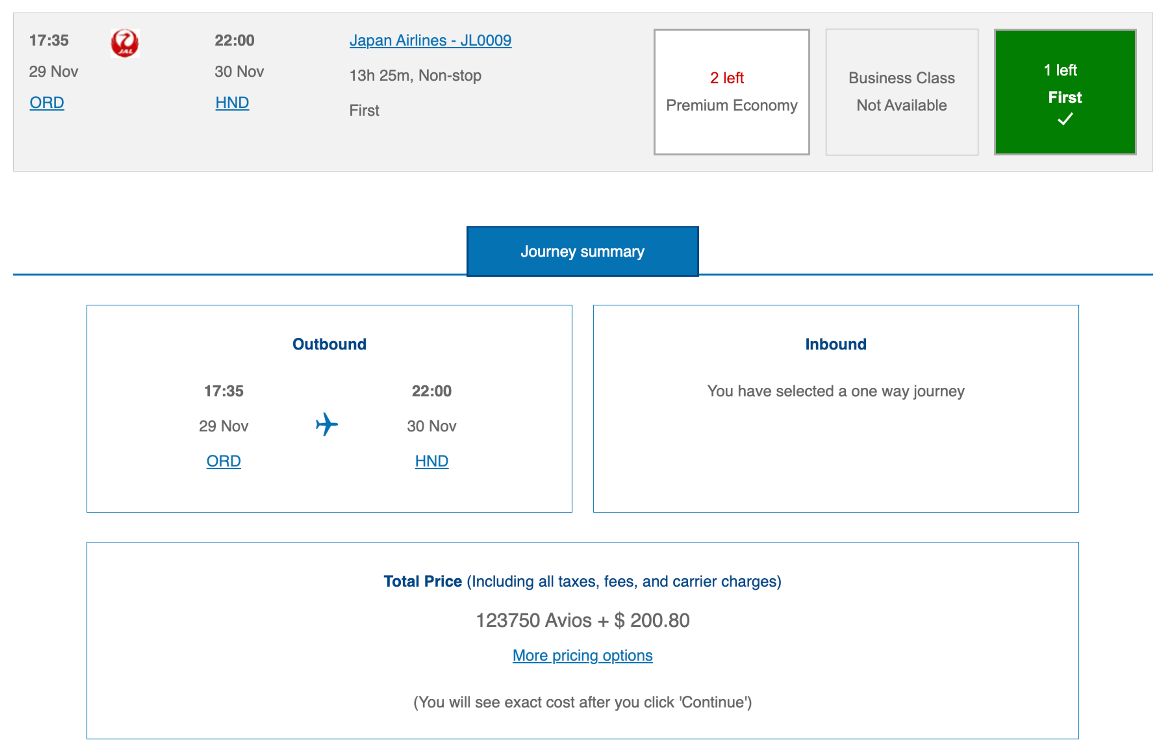Chicago to Tokyo for 123,000 Avios in JAL first class
