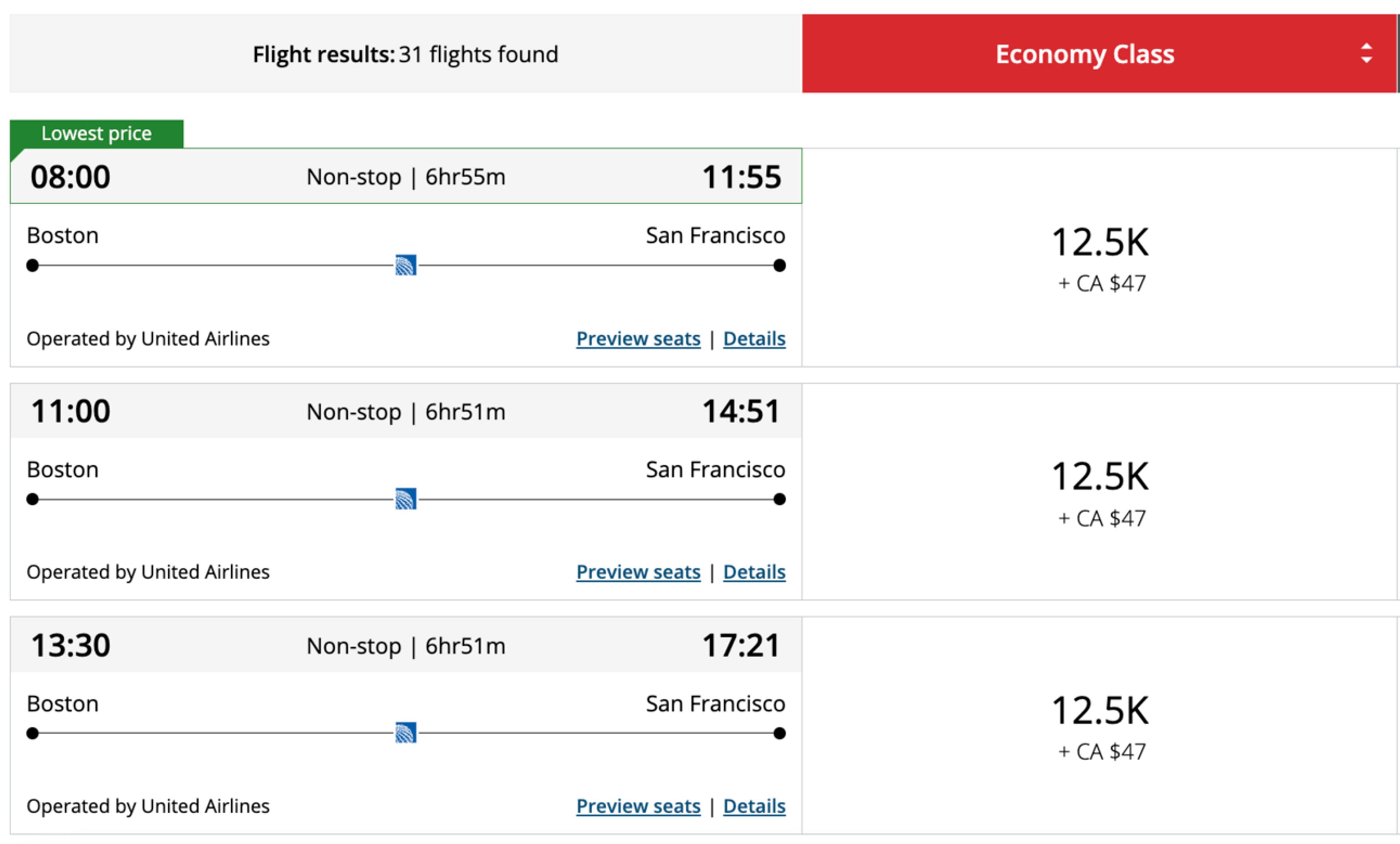 BOS-SFO for 12,500 Aeroplan points