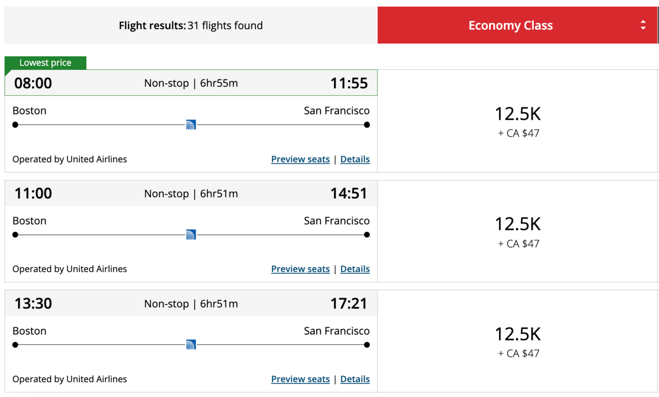 BOS-SFO for 12,500 Aeroplan points