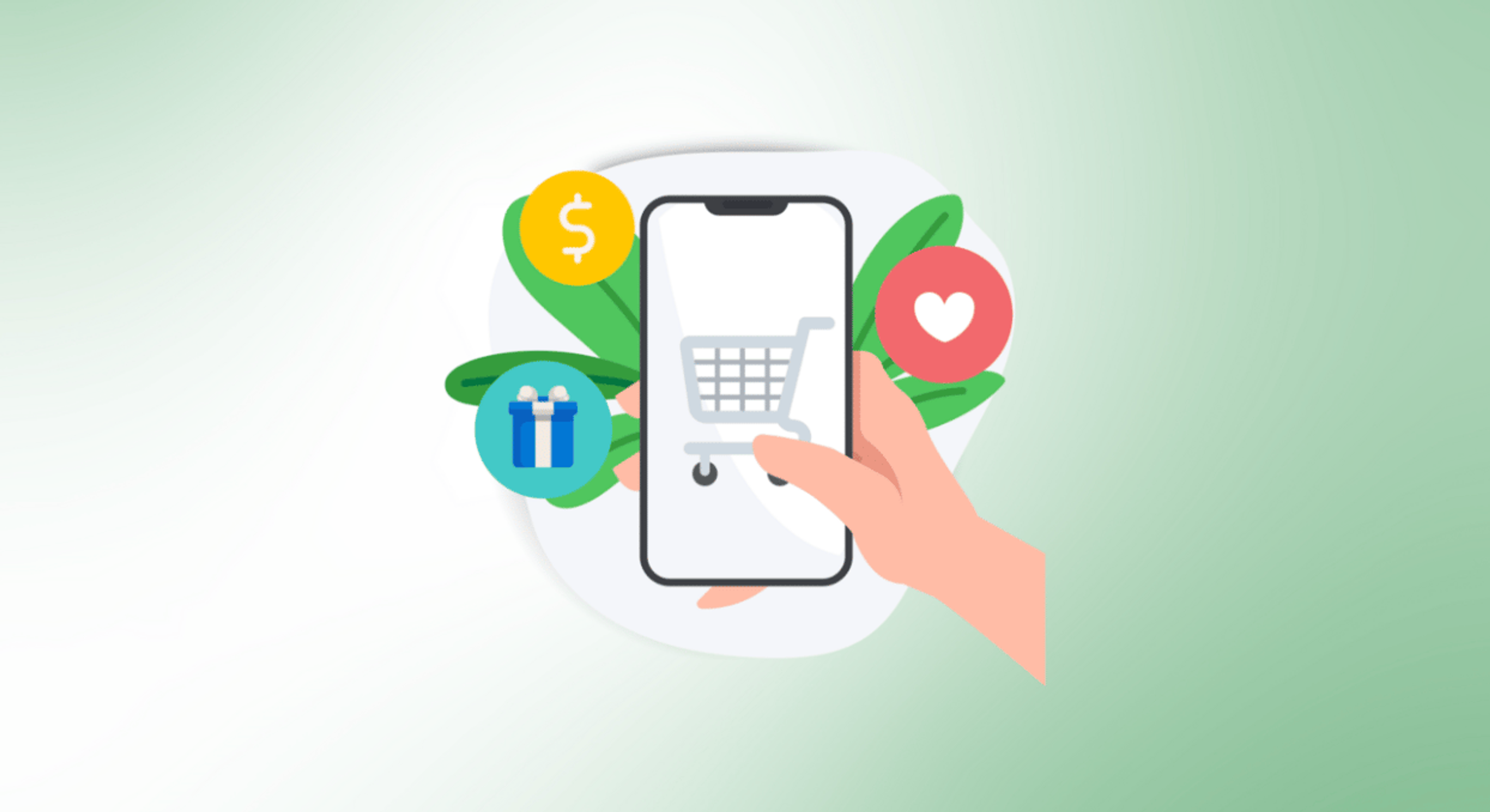 Light green background with a graphic of a cellphone, heart, dollar sign, and gift