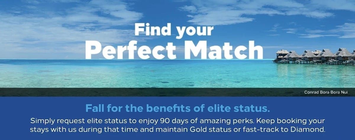 Screenshot showing Hilton's status match with a blue tropical water background