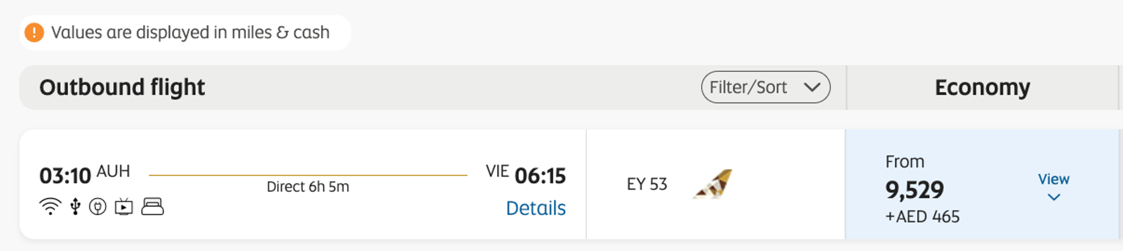 A sample booking on Etihad from Vienna to Abu Dhabi for under 10,000 Etihad miles