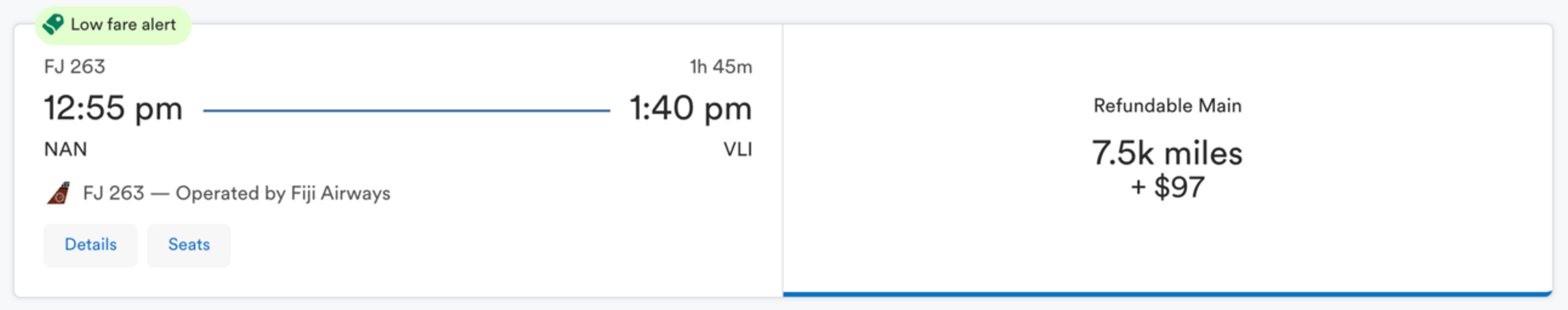 NAN to VLI for 7,500 Alaska miles