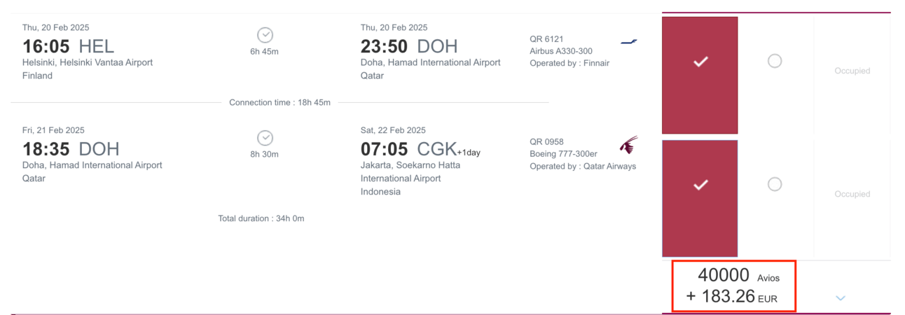 HEL-CGK for 40,000 Avios