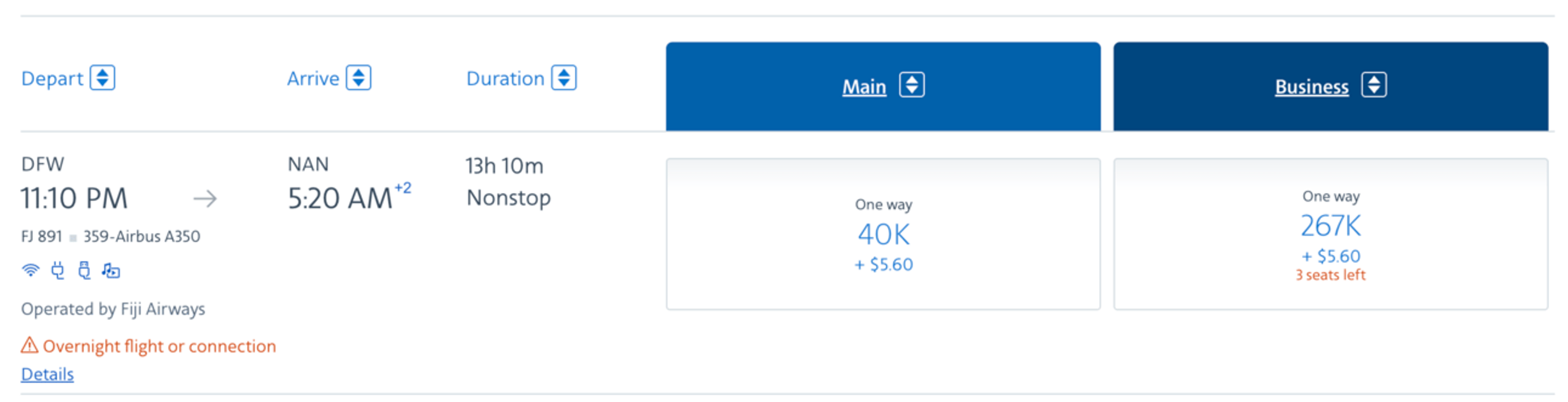 DFW to NAN for 40,000 AA miles
