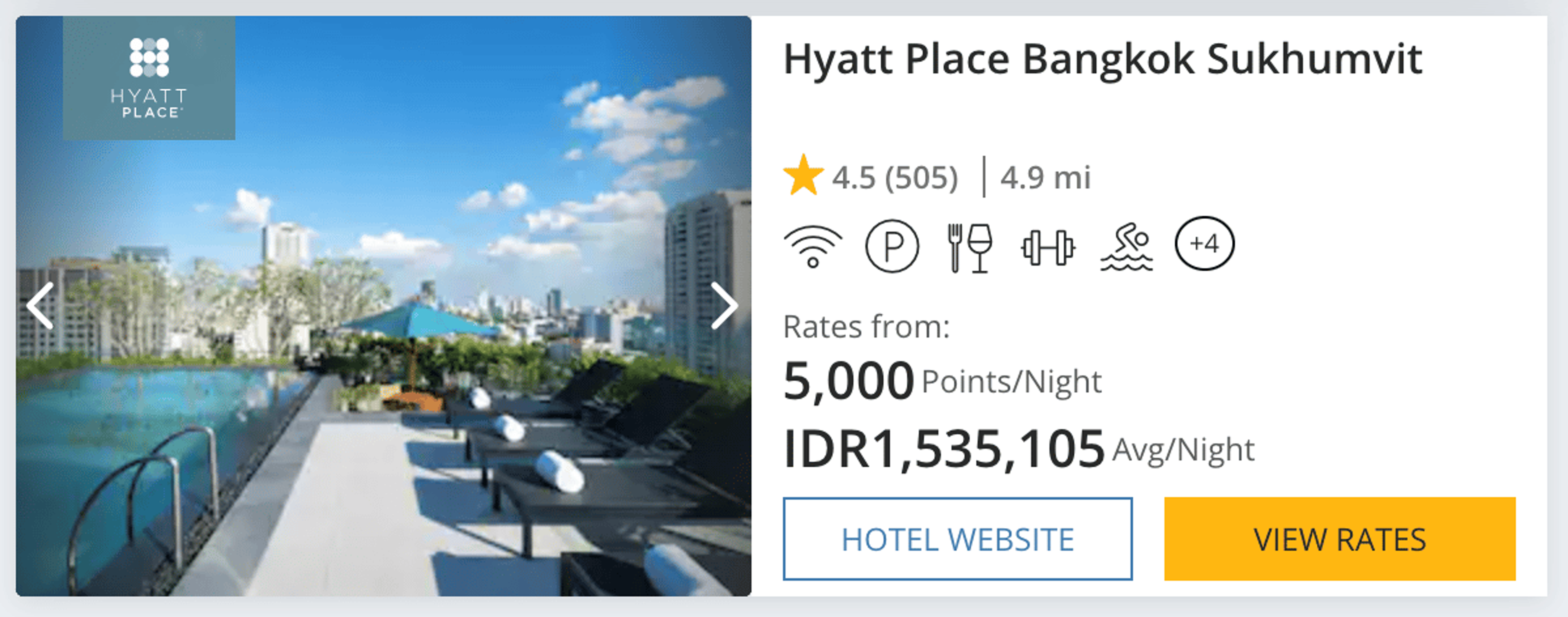 A screenshot showing a Hyatt Category 1 hotel in Bangkok, which only costs 5,000 points per night.