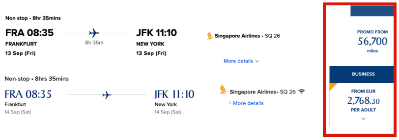 Example showing cash price versus points award redemption on a flight