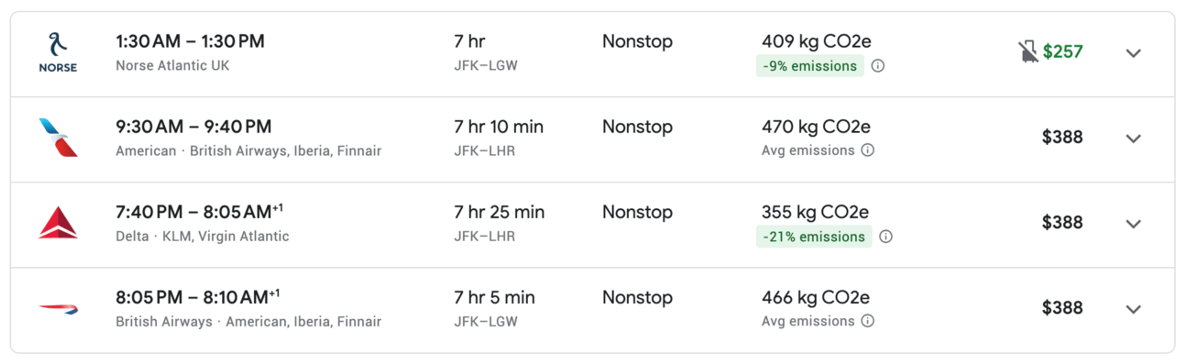 Sample Google Flights booking from New York to London