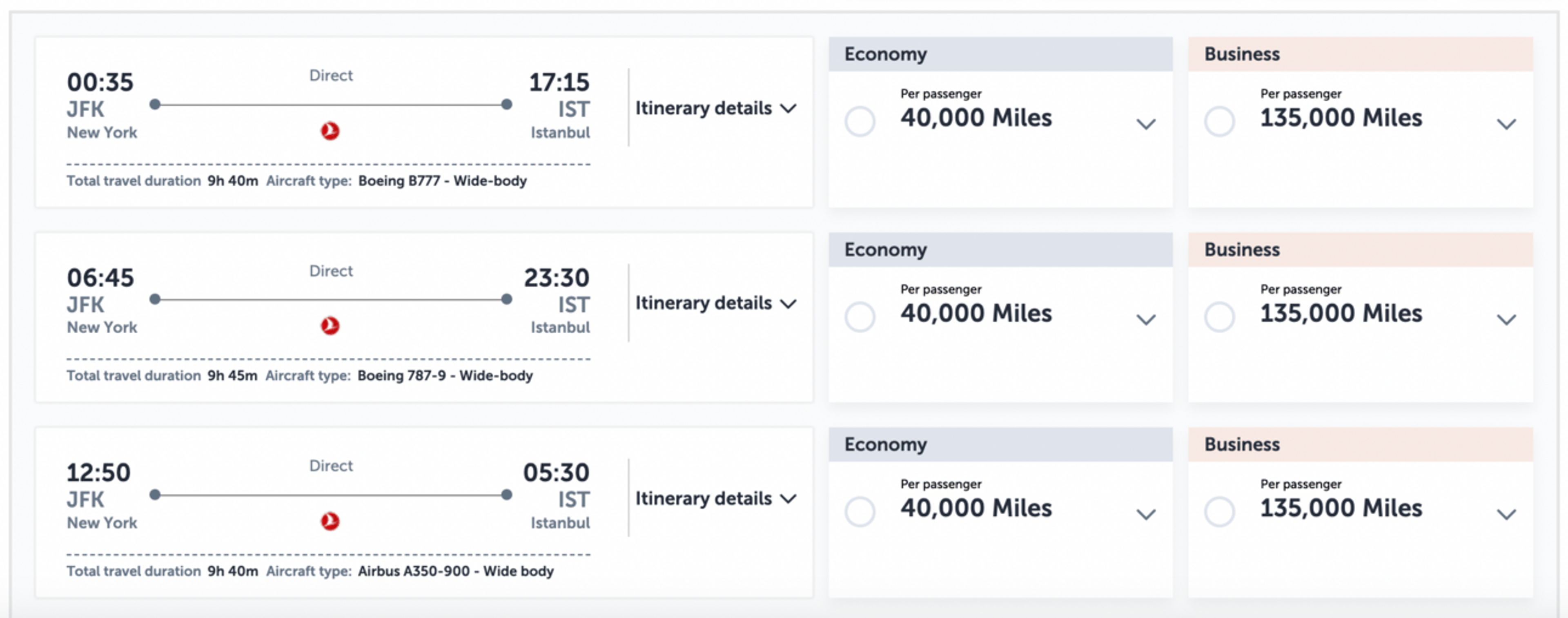 Examples of Award flights on Turkish from New York to Istanbul