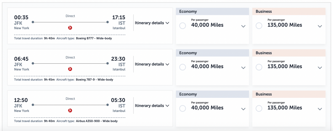 Examples of Award flights on Turkish from New York to Istanbul