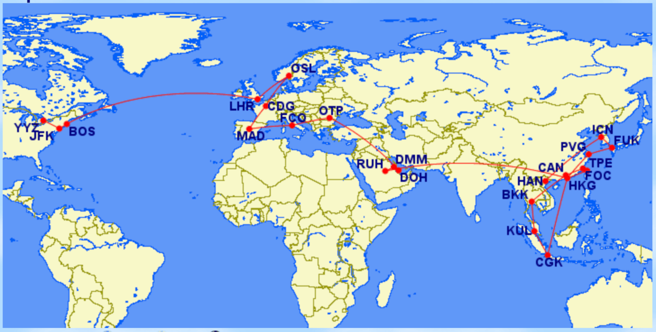 A map of possible routing to fly on fifteen SkyTeam airlines