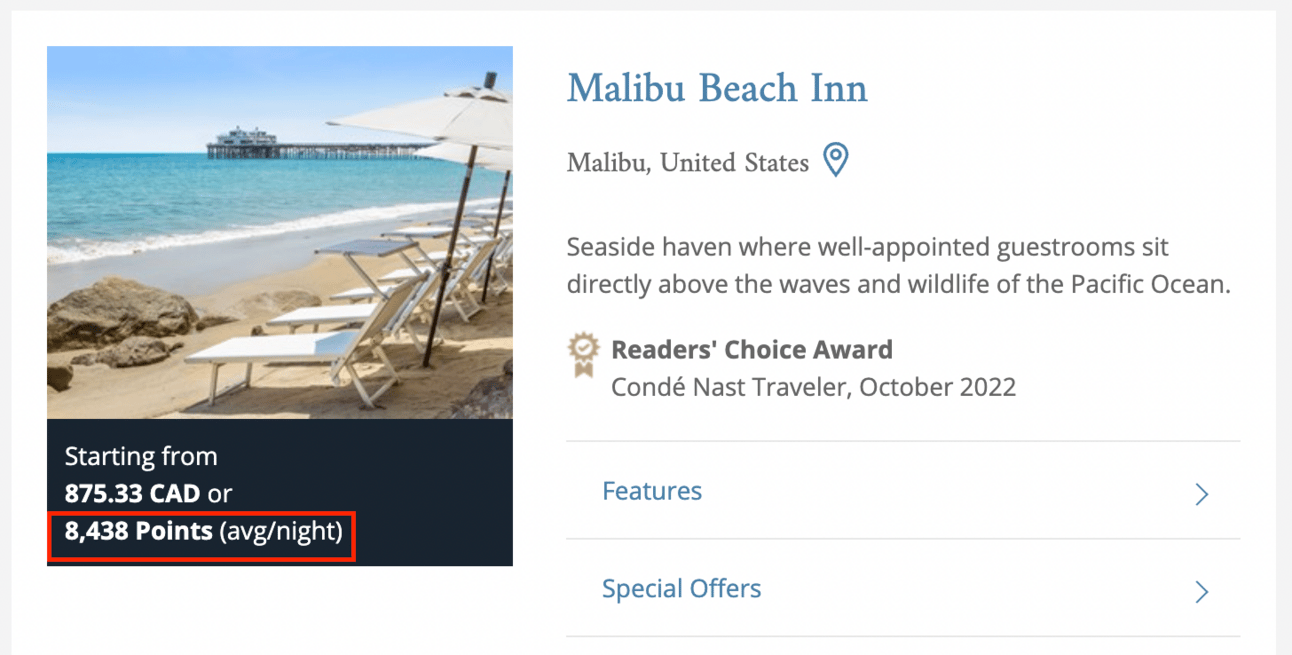 An example of a hotel in Malibu for just over 8,000 LHW Points