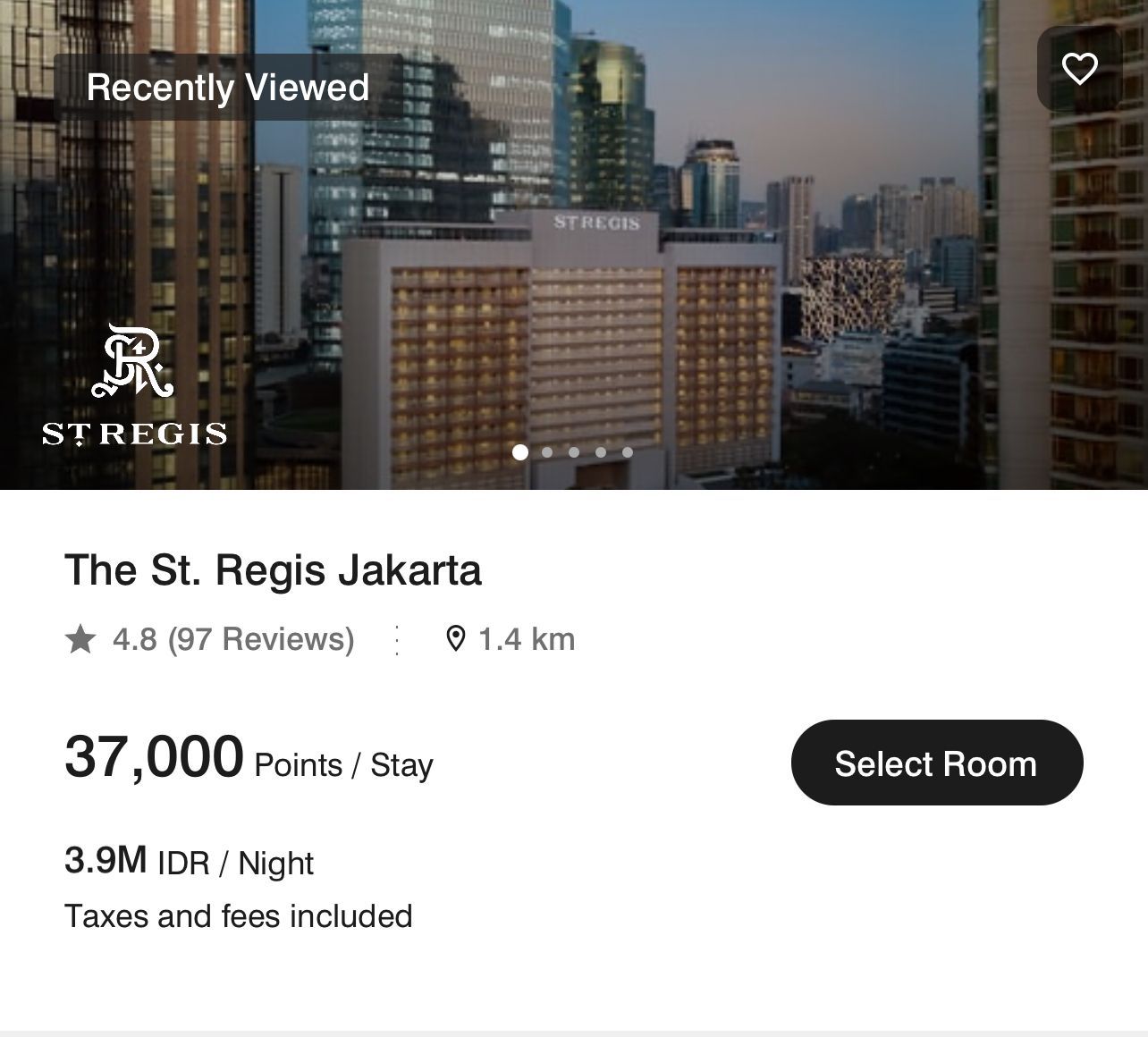 A screenshot showing a marriott booking at the St. Regis Jakarta for only 37,000 points per night