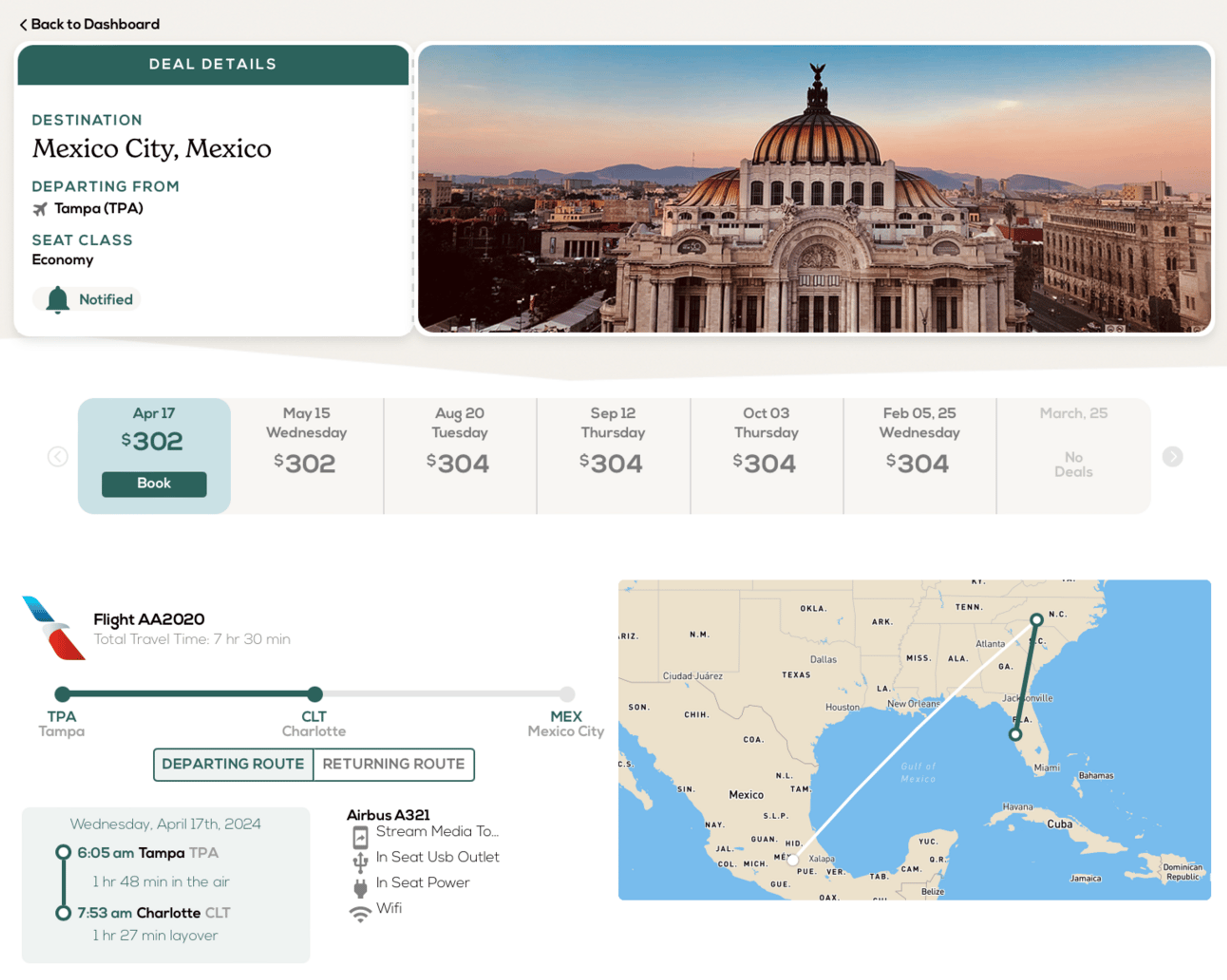 Deal page showing $300 round-trip flights from Tampa to Mexico City