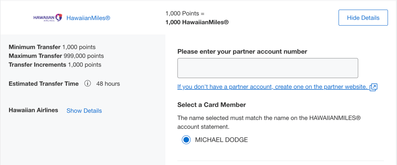 Transfer MR Points to Hawaiian at a 1:1 ratio
