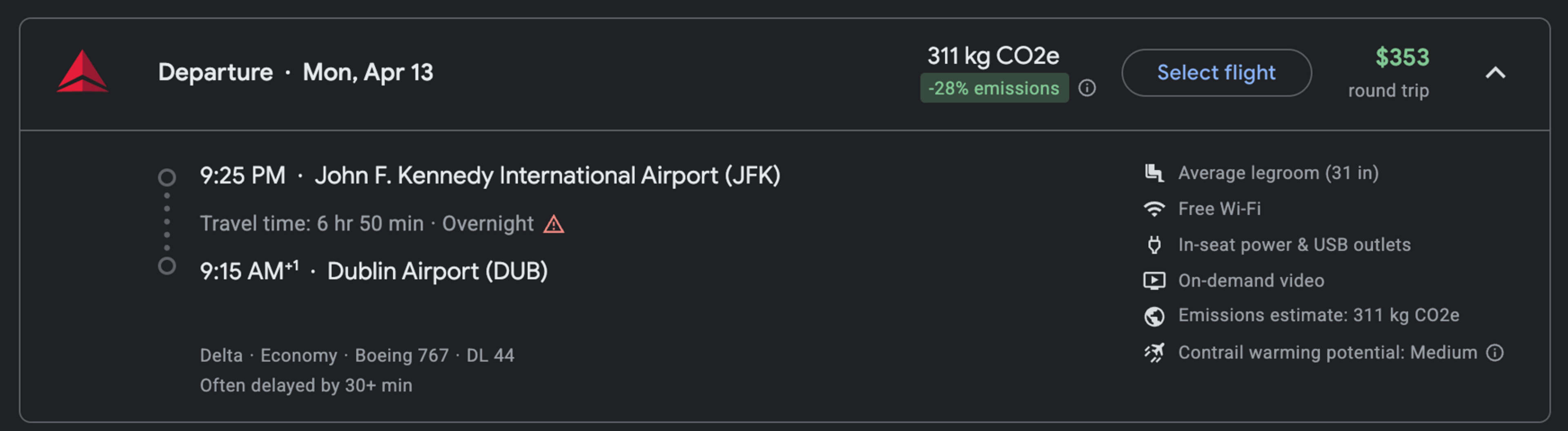 The same Delta flight from earlier for $353