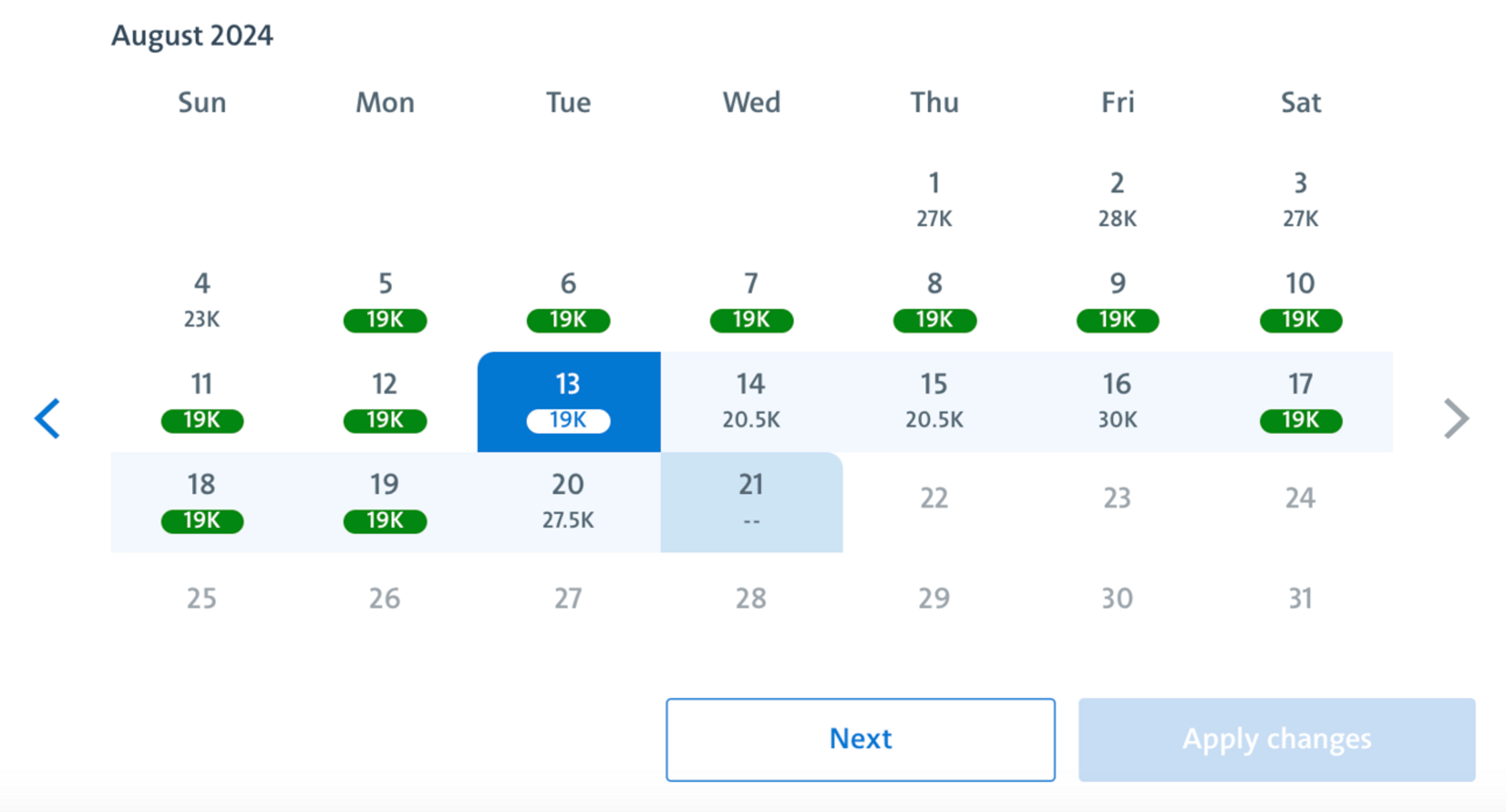 A screenshot of the American airlines award calendar, showing tons of lights for 19,000 points