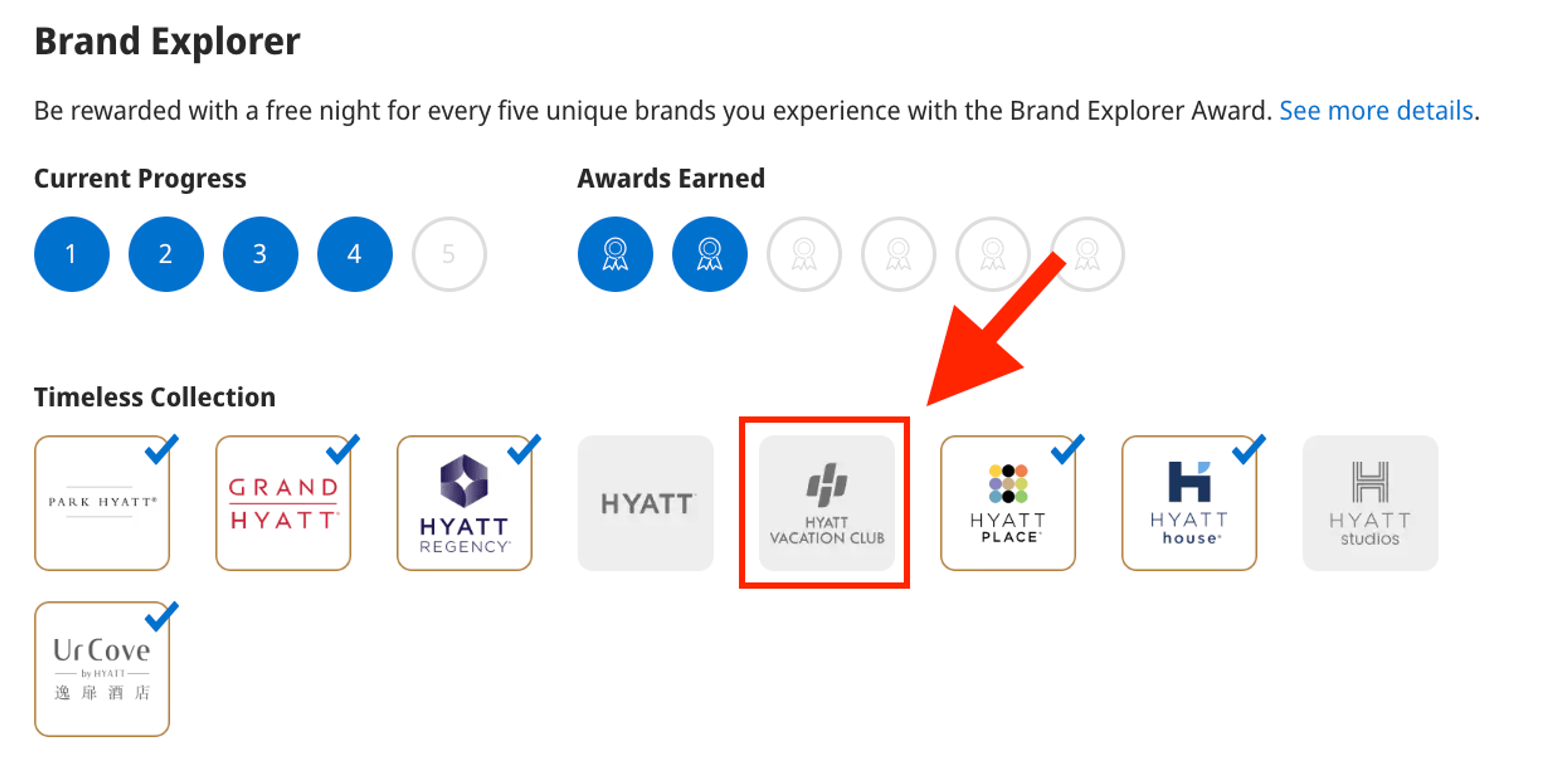 A screenshot showing my progress with Hyatt's Brand Explorer promotion