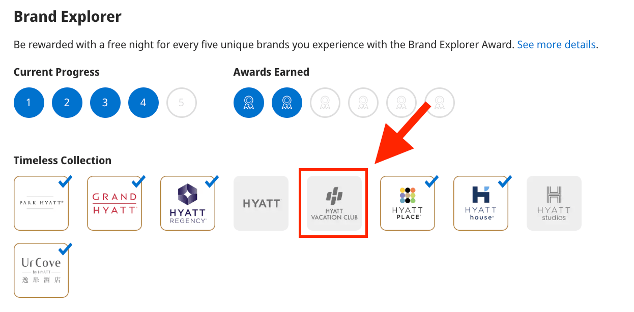 A screenshot showing my progress with Hyatt's Brand Explorer promotion