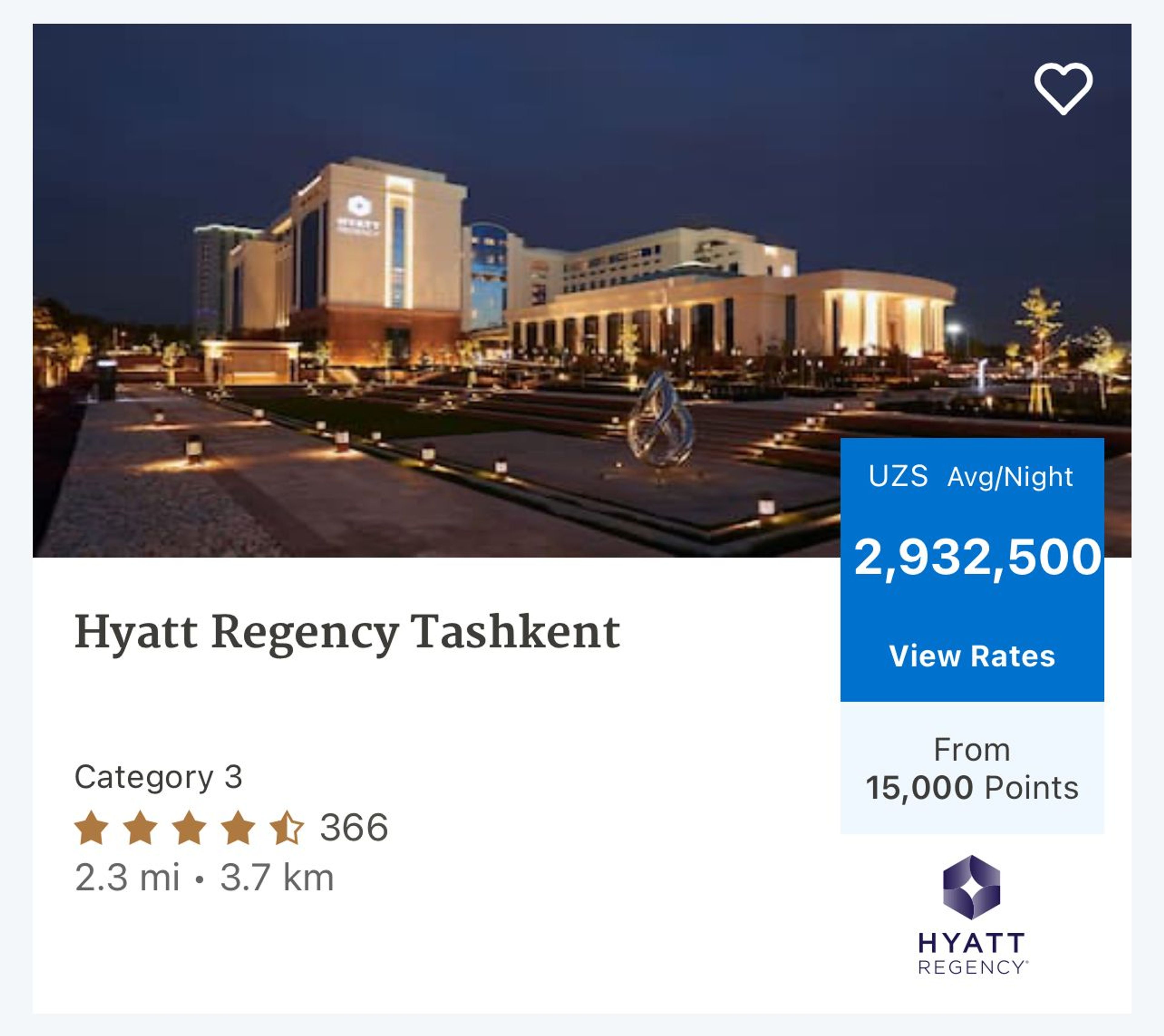 Hyatt Tashkent for 15k points per night