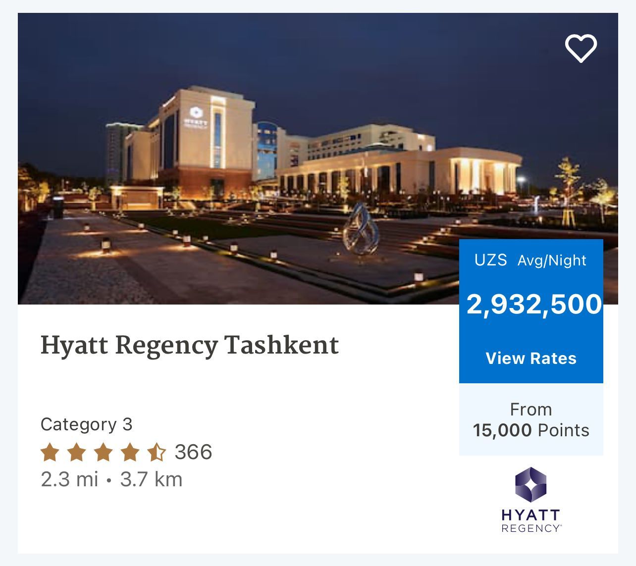 Hyatt Tashkent for 15k points per night