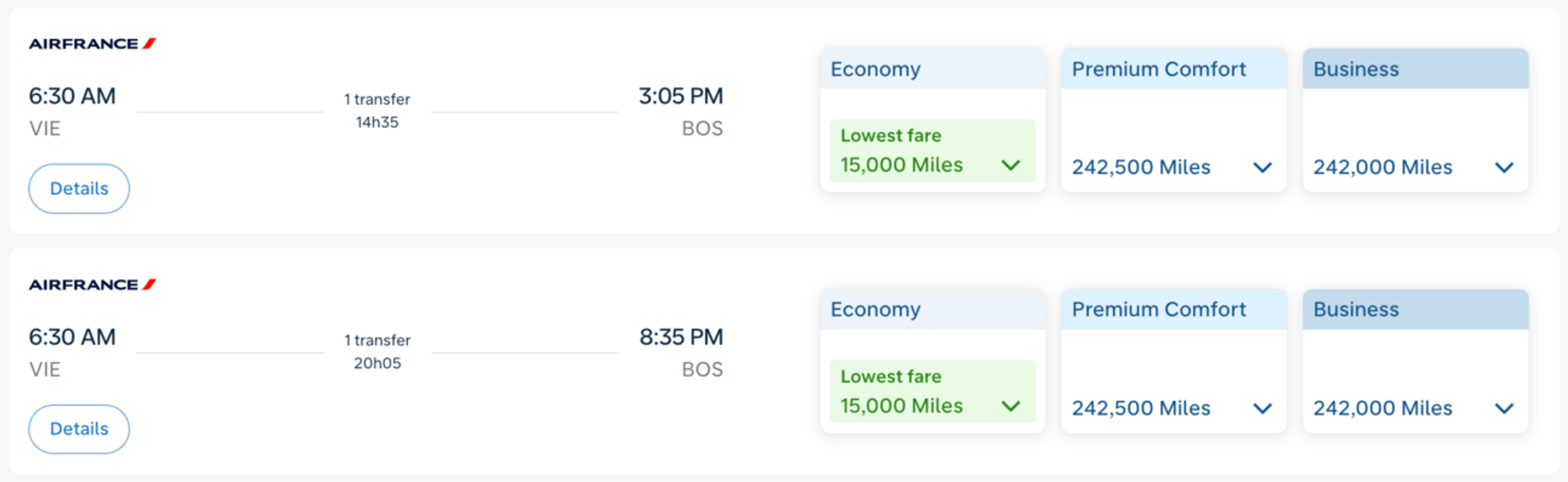Example of a KLM/Air France Promo Reward for 15,000 miles to Europe